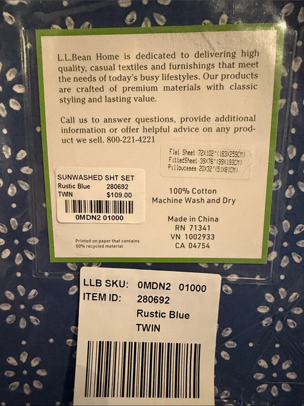 L.L. Bean Rustic Blue Sunwashed Percale Bedding Twin Sheet Set